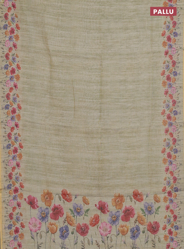 Linen cotton saree elaichi green with plain body and digital printed border