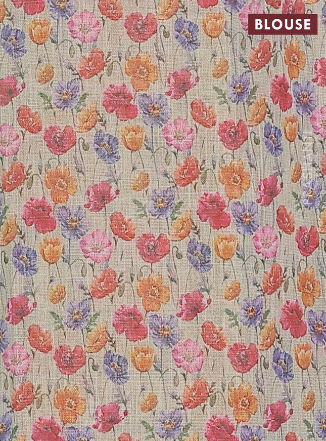 Linen cotton saree elaichi green with plain body and digital printed border