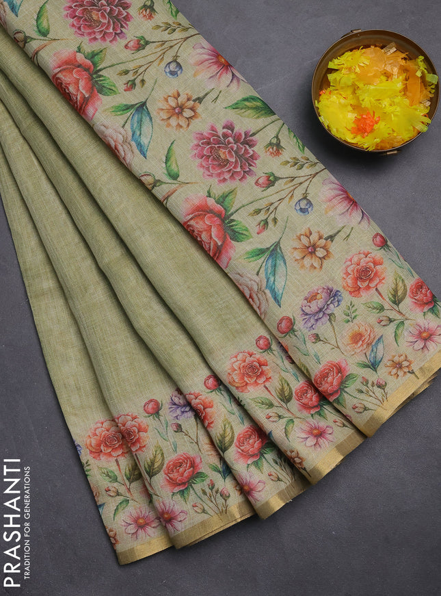 Linen cotton saree light green with plain body and digital printed border