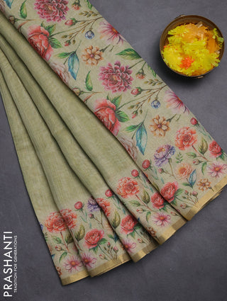 Linen cotton saree light green with plain body and digital printed border
