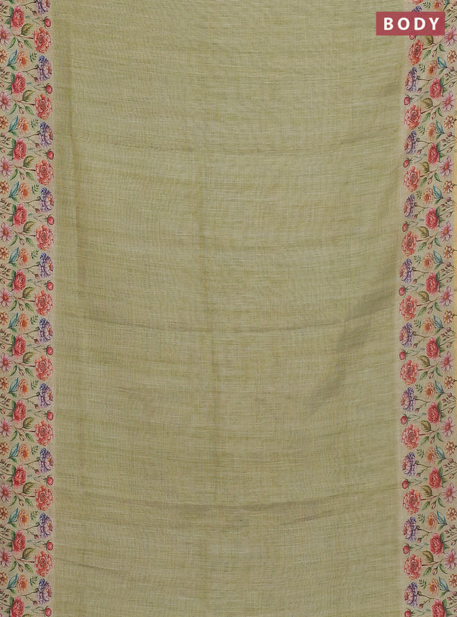 Linen cotton saree light green with plain body and digital printed border