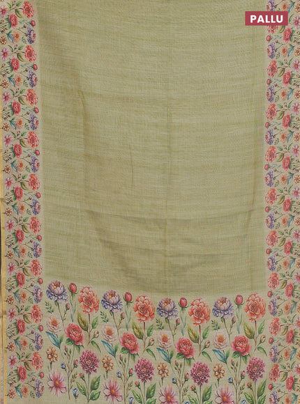 Linen cotton saree light green with plain body and digital printed border