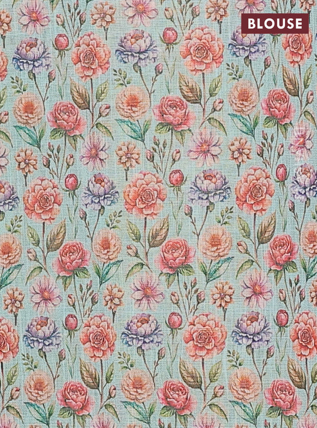 Linen cotton saree teal blue with plain body and digital printed border