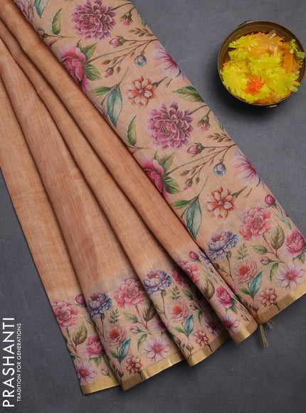 Linen cotton saree orange with plain body and digital printed border