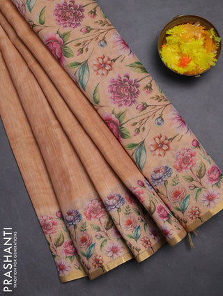 Linen cotton saree orange with plain body and digital printed border