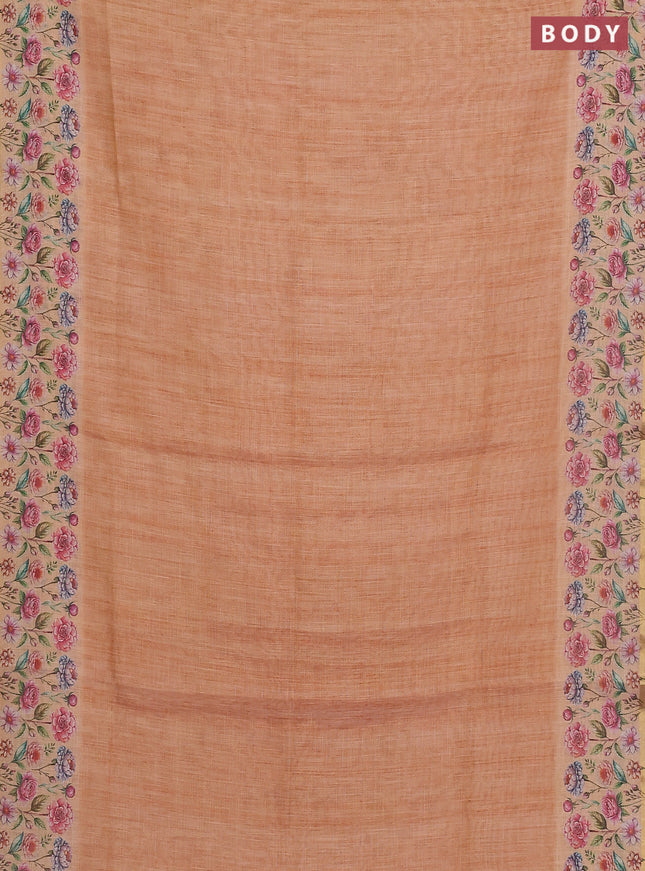 Linen cotton saree orange with plain body and digital printed border