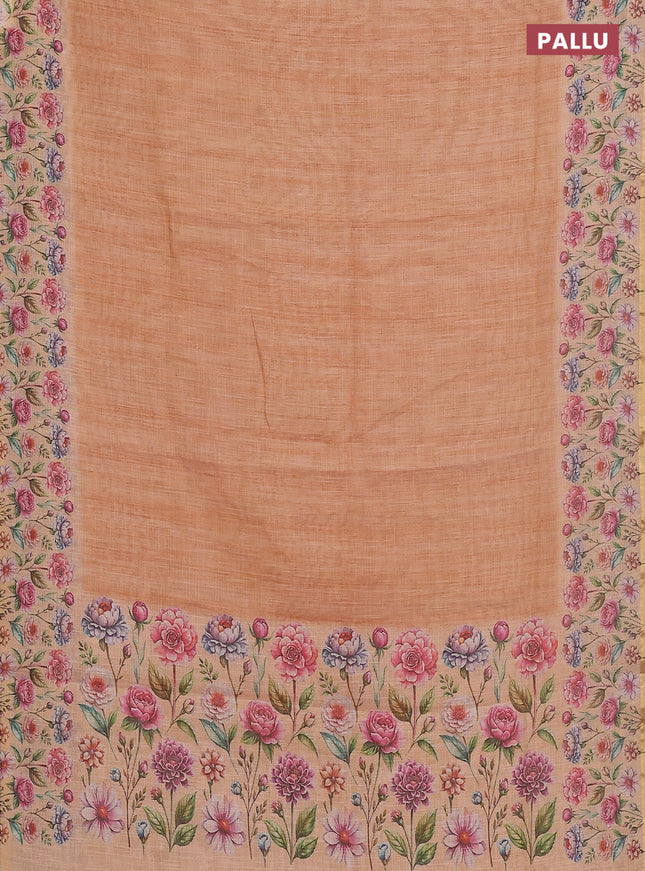 Linen cotton saree orange with plain body and digital printed border