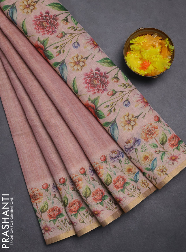 Linen cotton saree peach shade with plain body and digital printed border