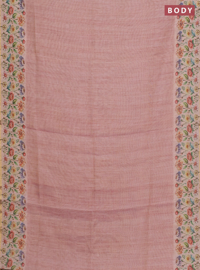 Linen cotton saree peach shade with plain body and digital printed border