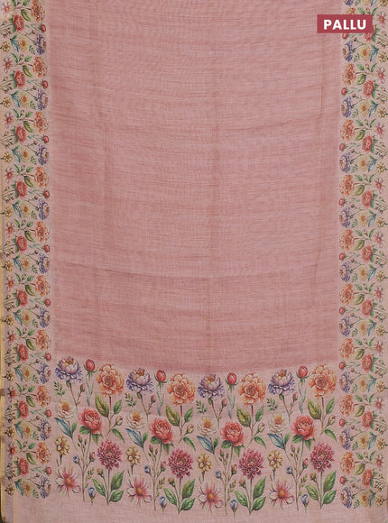 Linen cotton saree peach shade with plain body and digital printed border