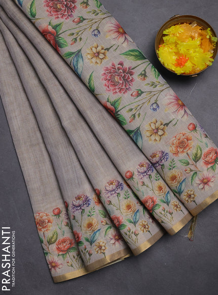 Linen cotton saree grey with plain body and digital printed border