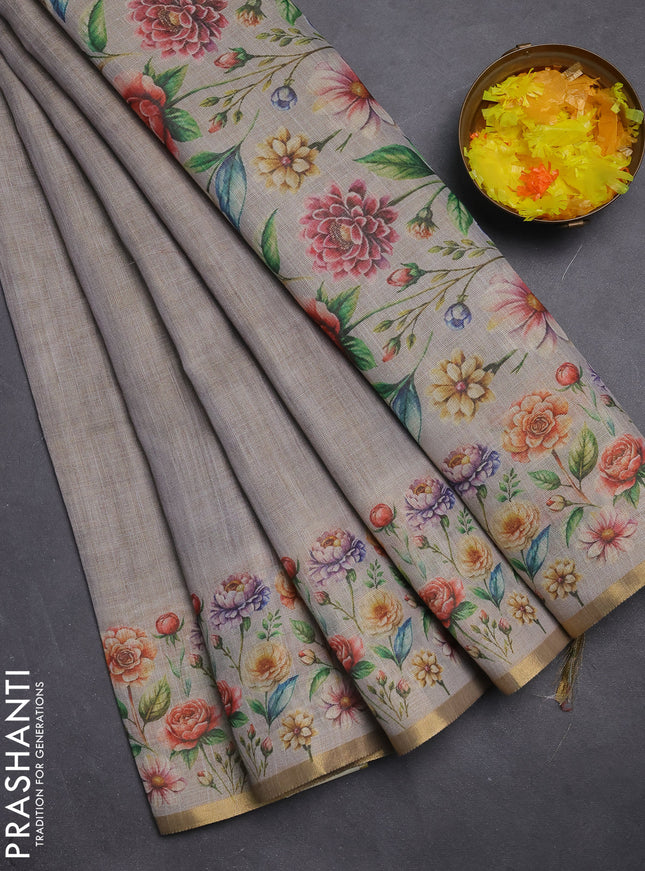 Linen cotton saree grey with plain body and digital printed border