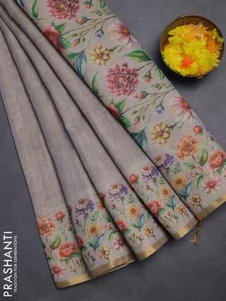 Linen cotton saree grey with plain body and digital printed border