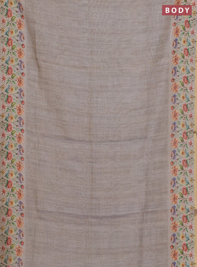 Linen cotton saree grey with plain body and digital printed border