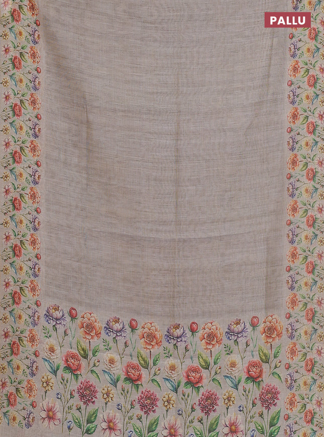 Linen cotton saree grey with plain body and digital printed border