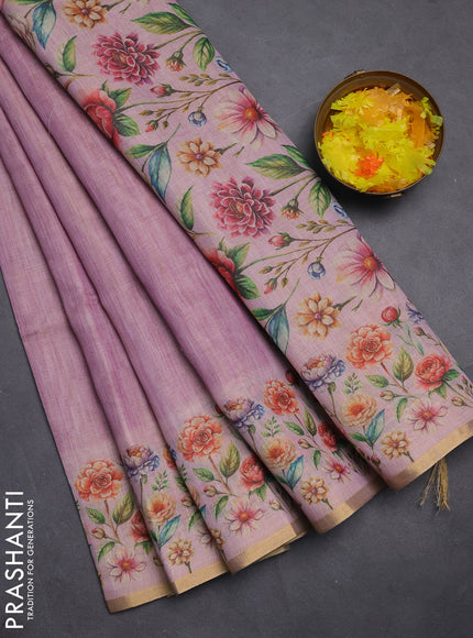 Linen cotton saree light pink with plain body and digital printed border