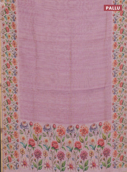 Linen cotton saree light pink with plain body and digital printed border