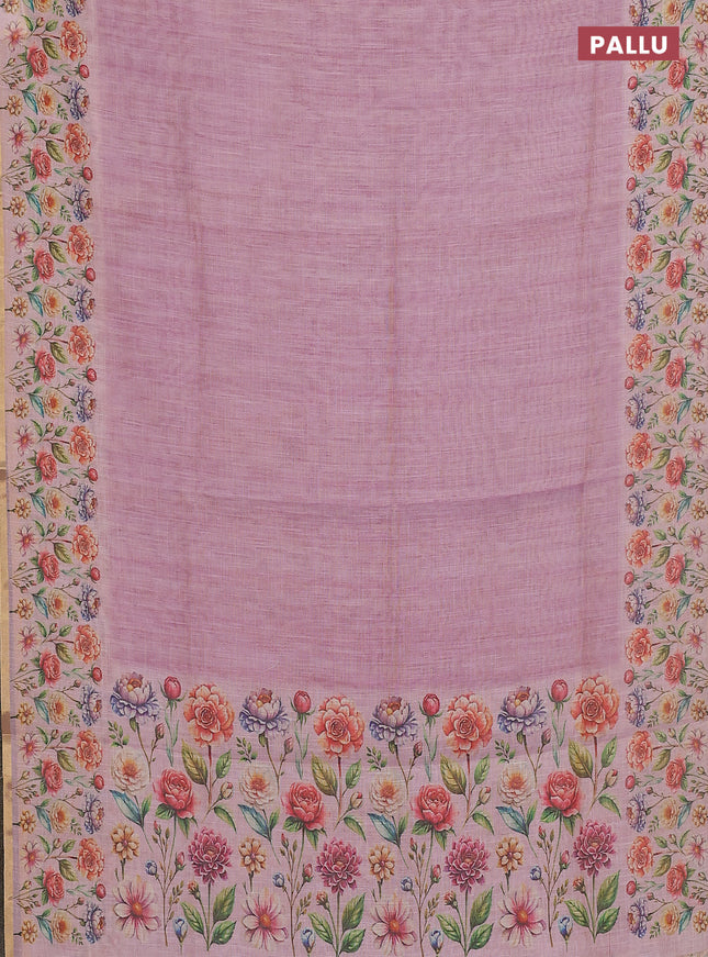 Linen cotton saree light pink with plain body and digital printed border