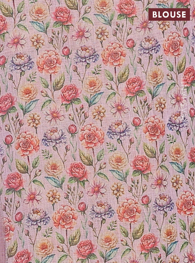 Linen cotton saree light pink with plain body and digital printed border