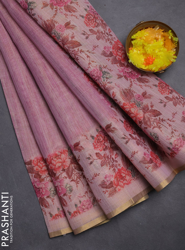 Linen cotton saree light pink with plain body and digital printed border