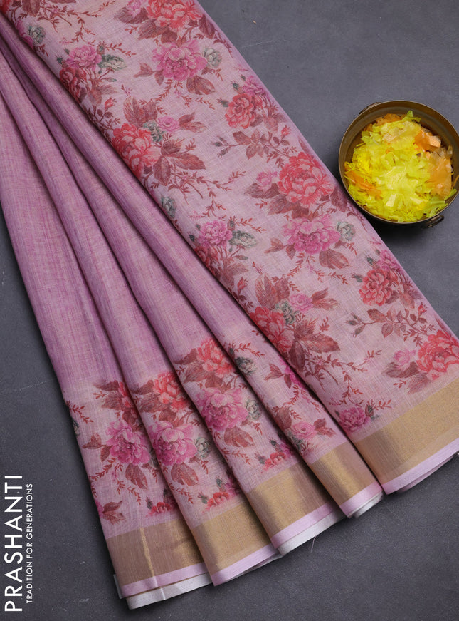 Linen cotton saree light pink with plain body and digital printed border