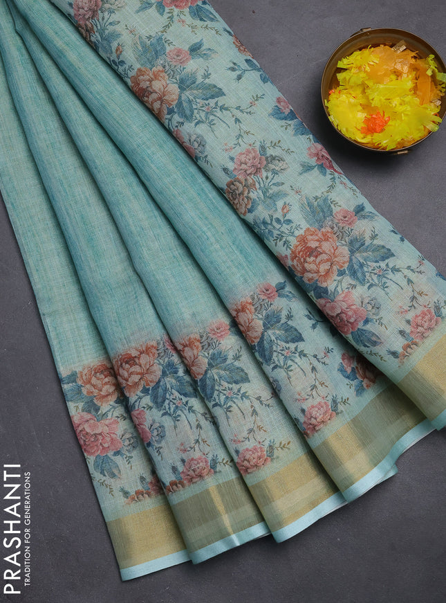 Linen cotton saree teal blue with plain body and digital printed border