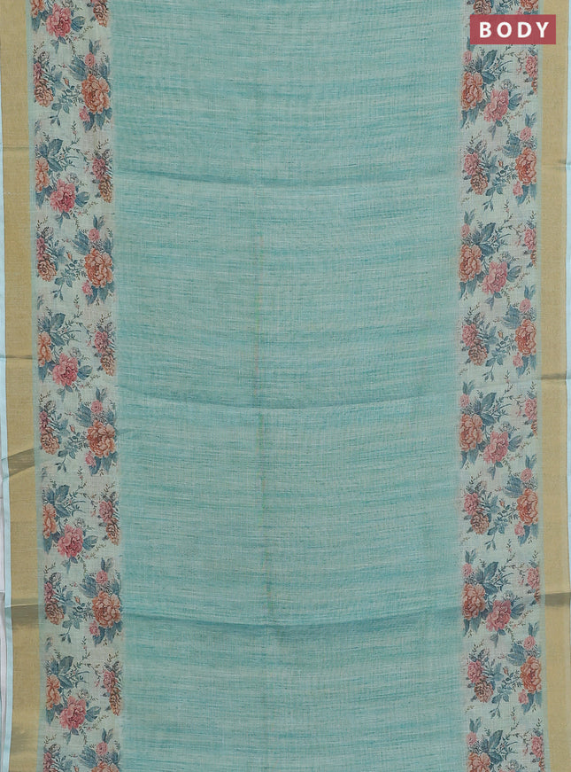 Linen cotton saree teal blue with plain body and digital printed border