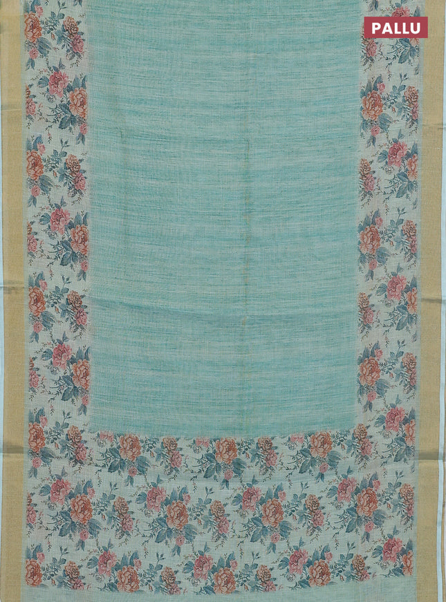 Linen cotton saree teal blue with plain body and digital printed border