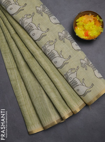Linen cotton saree light green with plain body and pichwai design printed pallu