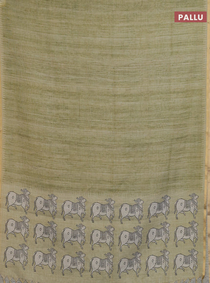 Linen cotton saree light green with plain body and pichwai design printed pallu