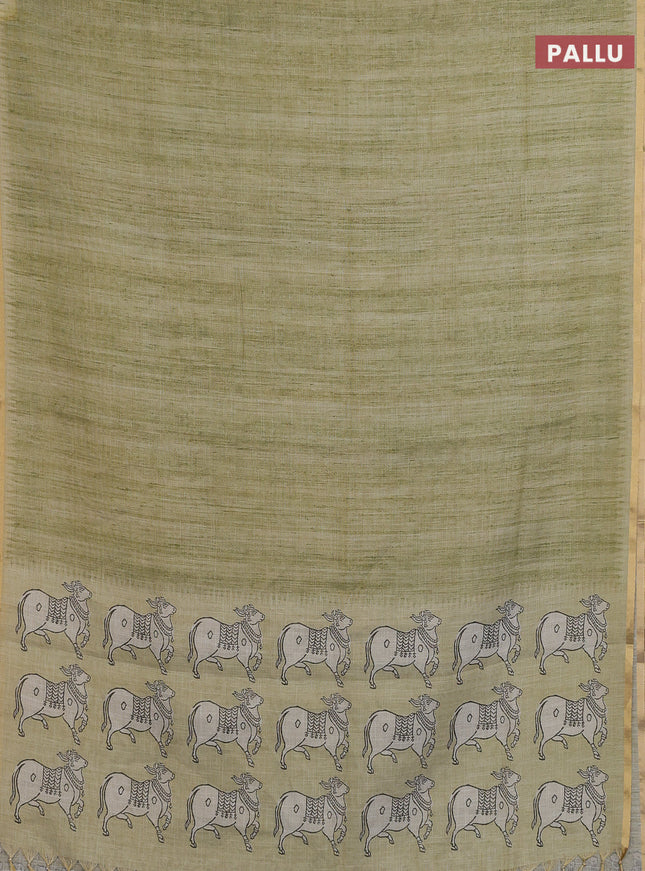 Linen cotton saree light green with plain body and pichwai design printed pallu