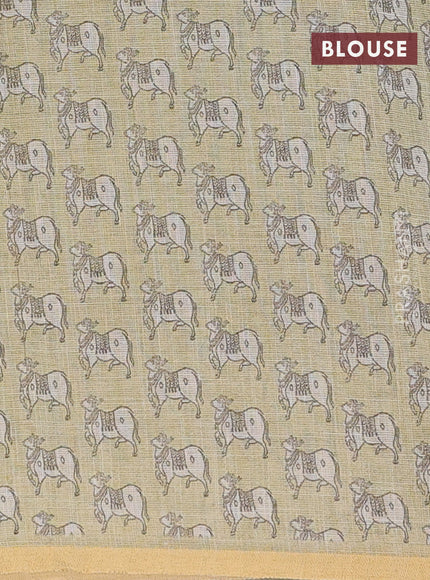 Linen cotton saree light green with plain body and pichwai design printed pallu