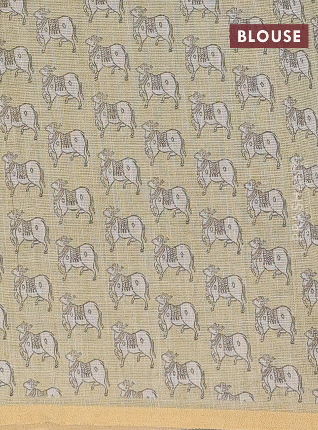 Linen cotton saree light green with plain body and pichwai design printed pallu