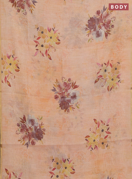 Linen cotton saree pale orange with floral digital prints and zari woven piping border