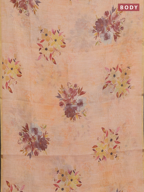 Linen cotton saree pale orange with floral digital prints and zari woven piping border