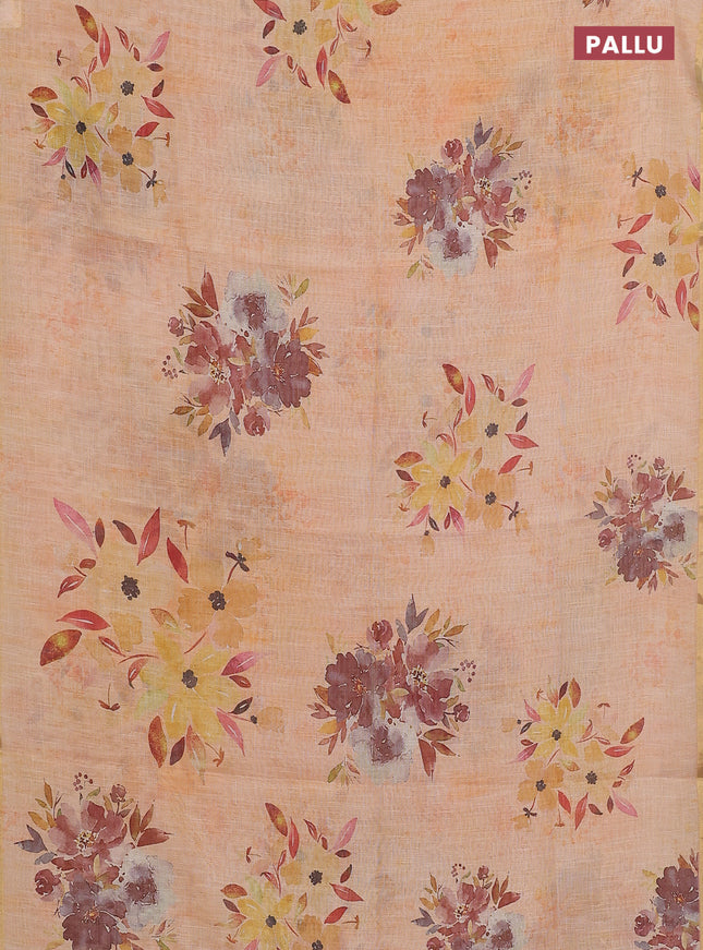 Linen cotton saree pale orange with floral digital prints and zari woven piping border