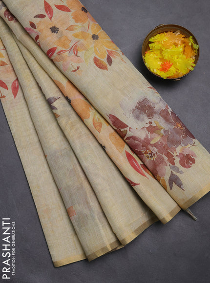Linen cotton saree pale yellow with floral digital prints and zari woven piping border