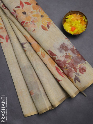 Linen cotton saree pale yellow with floral digital prints and zari woven piping border