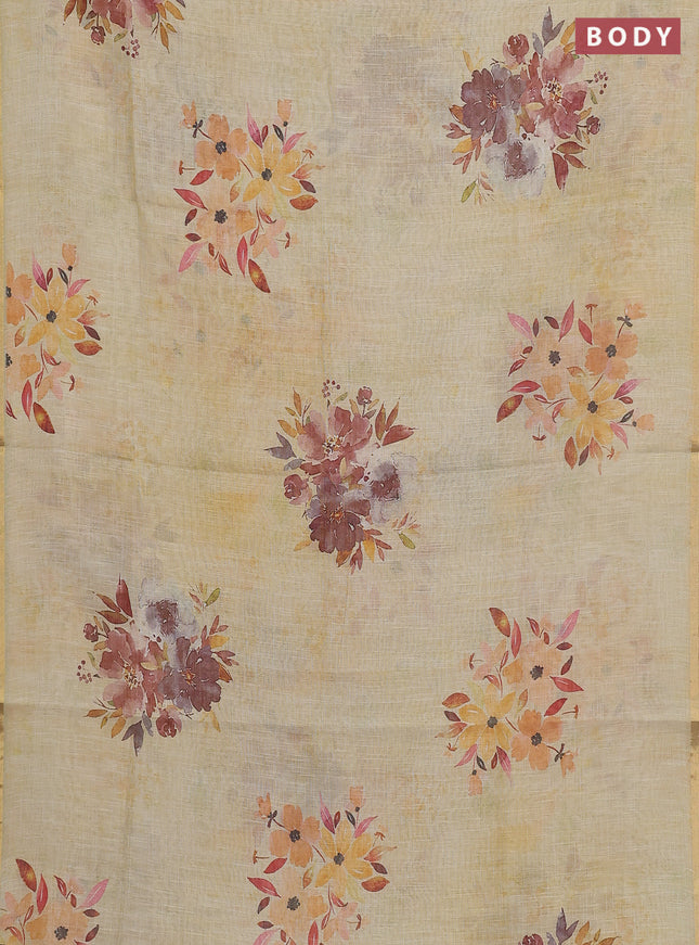 Linen cotton saree pale yellow with floral digital prints and zari woven piping border