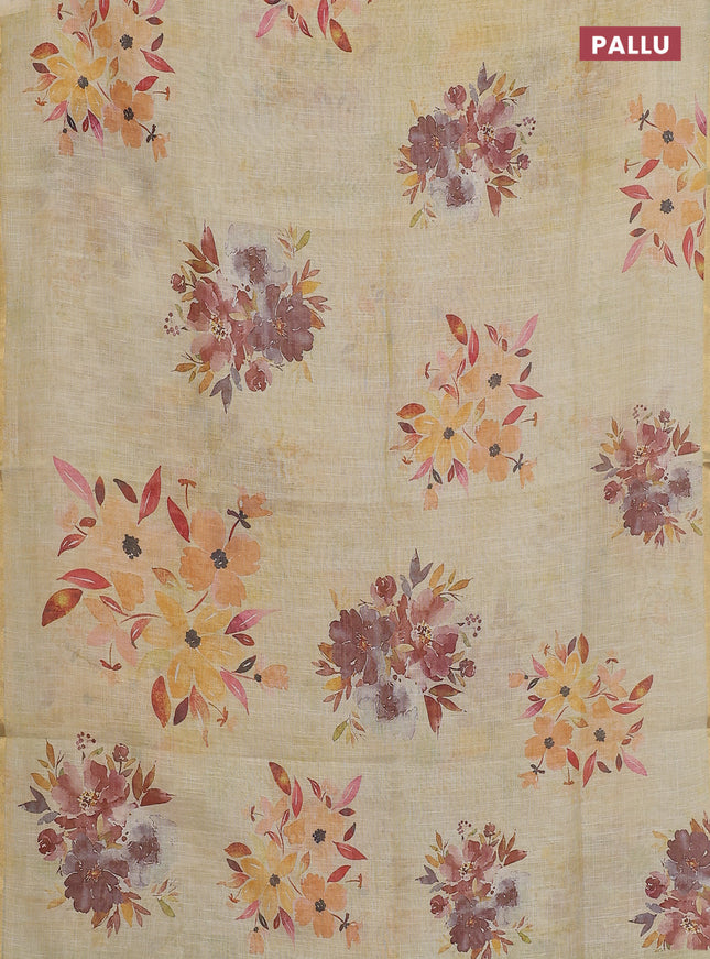 Linen cotton saree pale yellow with floral digital prints and zari woven piping border