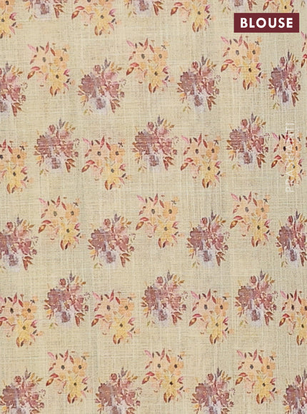 Linen cotton saree pale yellow with floral digital prints and zari woven piping border
