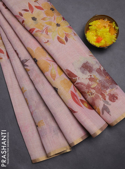 Linen cotton saree pastel pink with floral digital prints and zari woven piping border