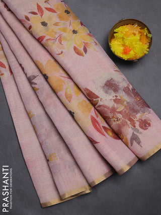 Linen cotton saree pastel pink with floral digital prints and zari woven piping border