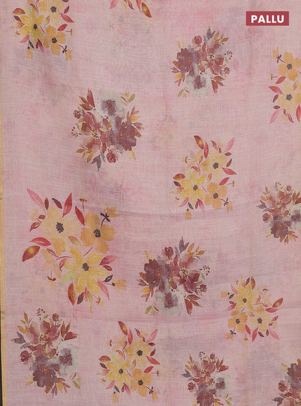 Linen cotton saree pastel pink with floral digital prints and zari woven piping border