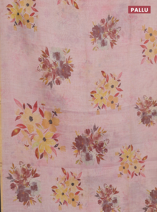 Linen cotton saree pastel pink with floral digital prints and zari woven piping border