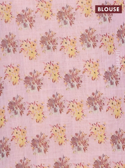 Linen cotton saree pastel pink with floral digital prints and zari woven piping border