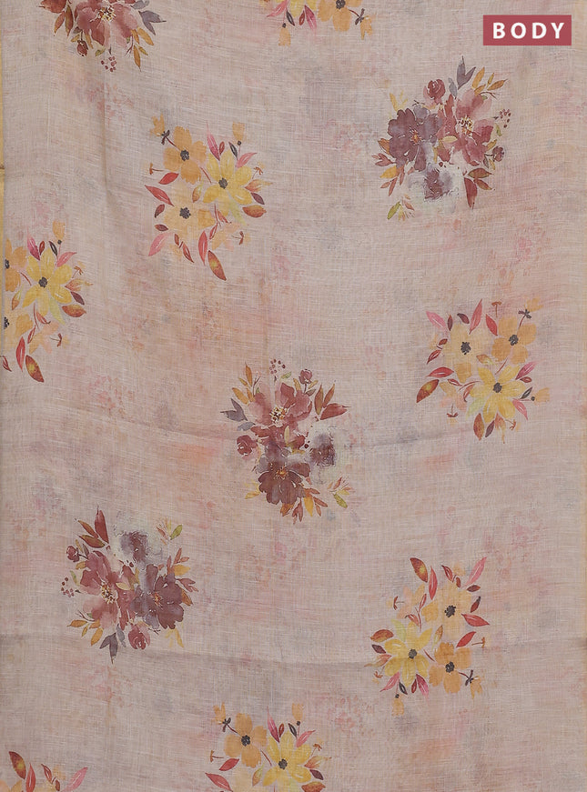 Linen cotton saree beige with floral digital prints and zari woven piping border