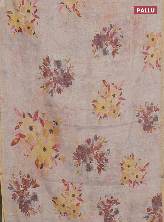 Linen cotton saree beige with floral digital prints and zari woven piping border