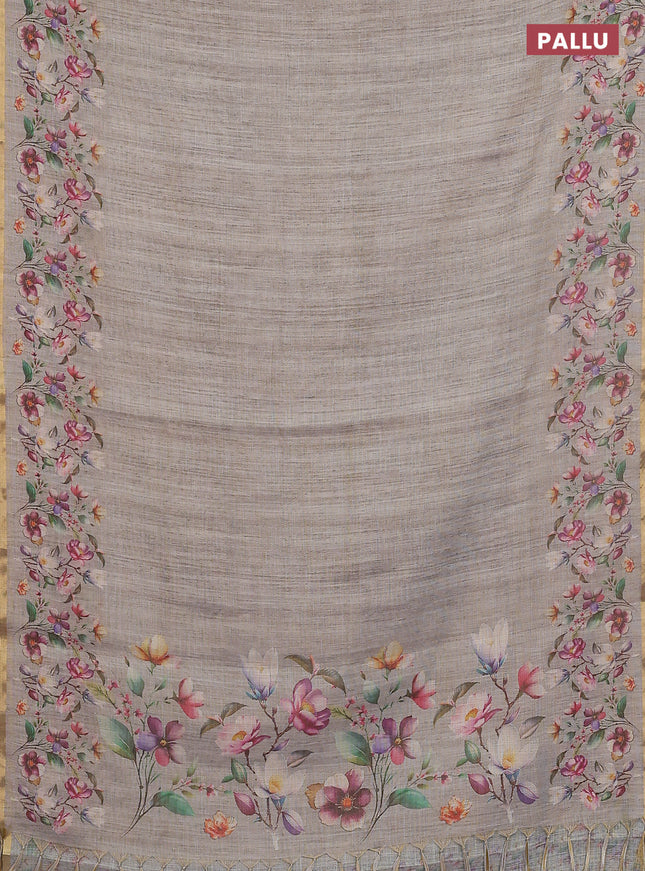 Linen cotton saree grey with plain body and digital printed border