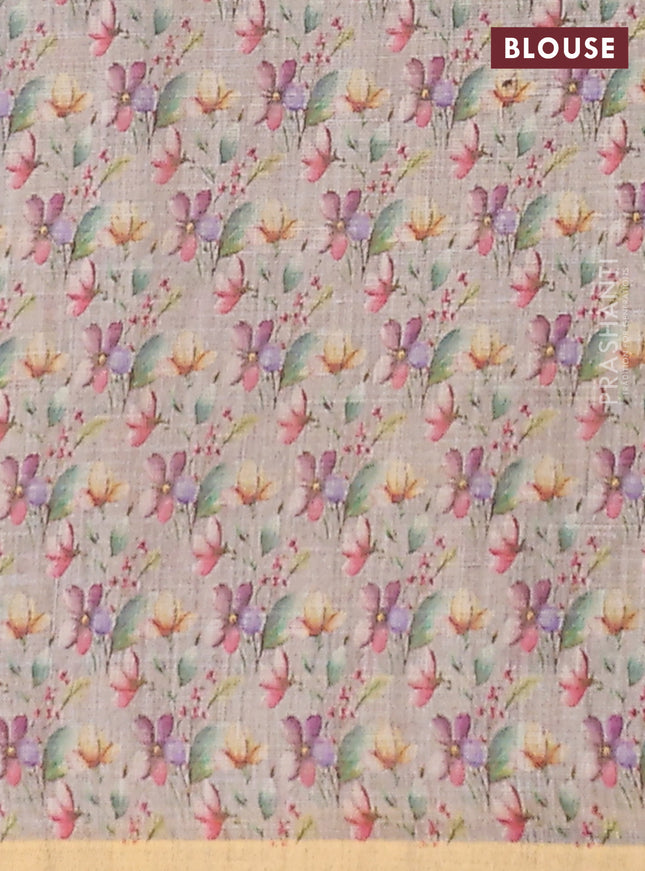 Linen cotton saree grey with plain body and digital printed border